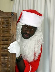 White boy wakes up with Black Santa\'s huge cock in his face and sucks it with pleasure