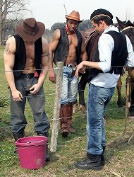 Fancy guy gets his throat and ass stretched to the max by a couple of raging gay cowboys